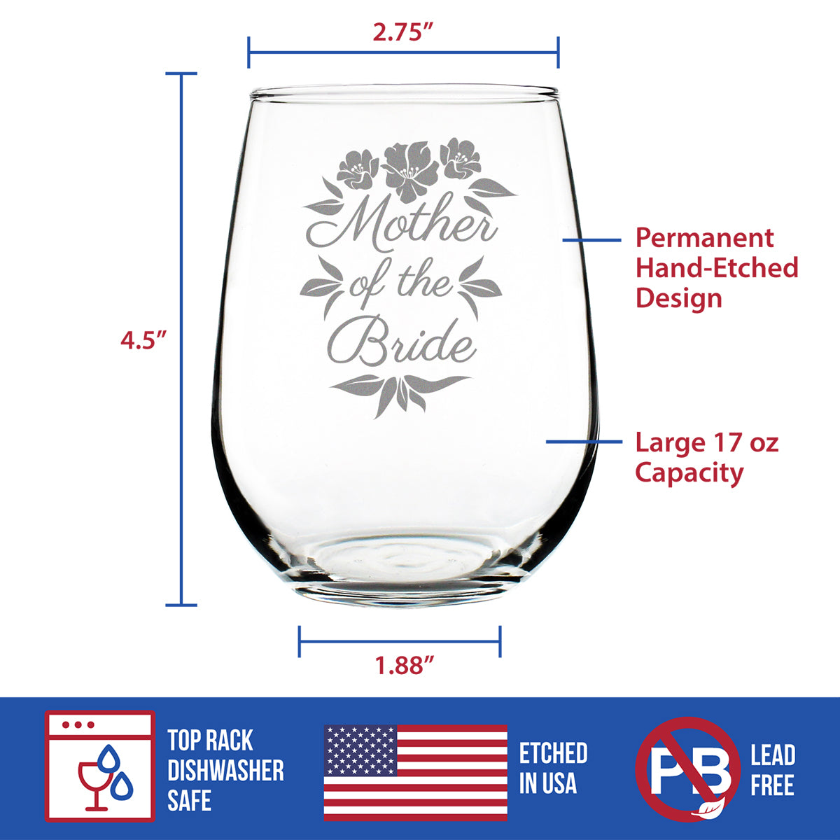 Mother of the Bride Stemless Wine Glass - Unique Wedding Gift for Soon to be Mother-in-Law - Cute Engraved Wedding Cup Gift