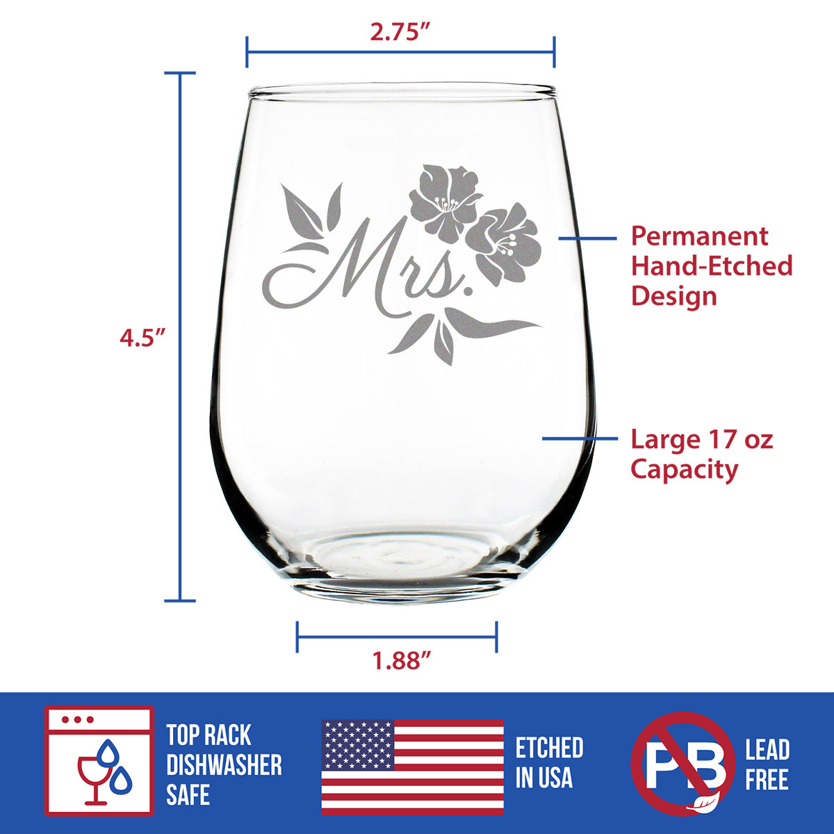 Mrs. Stemless Wine Glass - Unique Wedding Gift for Bride - Cute Engraved Wedding Cup Gift