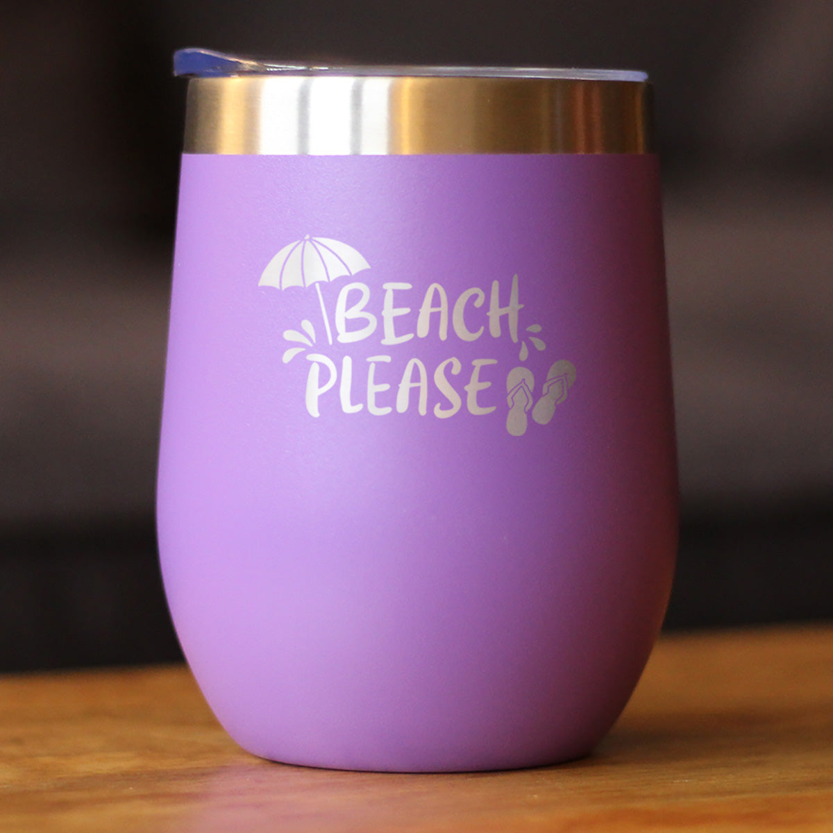 Beach Please - Travel Wine Tumbler with Sliding Lid - Stemless Stainless Steel Insulated Cup - Cute Funny Outdoor Camping Gift