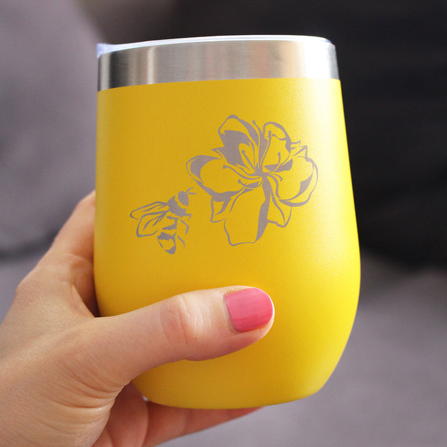 Bee Flower - Funny Birthday Wine Tumbler Glass with Sliding Lid - Stainless Steel Insulated Mug