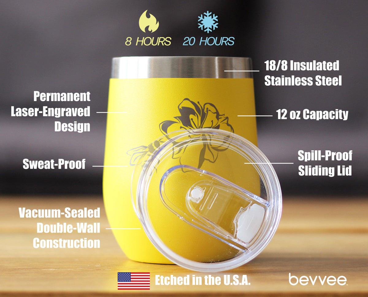 Bee Flower - Funny Birthday Wine Tumbler Glass with Sliding Lid - Stainless Steel Insulated Mug