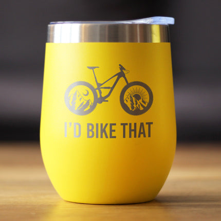 I'd Bike That - Wine Tumbler Glass with Sliding Lid - Stainless Steel Insulated Mug - Cool Bicycle Themed Decor & Gifts for Mountain Bikers