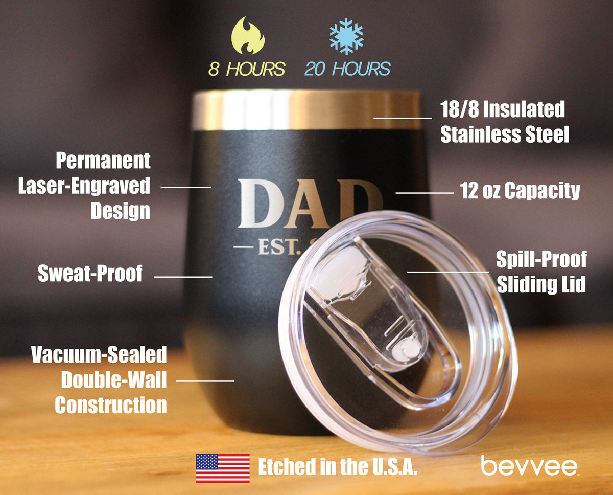 Dad Est 2021 - New Father Wine Tumbler with Sliding Lid - Stemless Stainless Steel Insulated Mug - Bold Outdoor Camping Gift