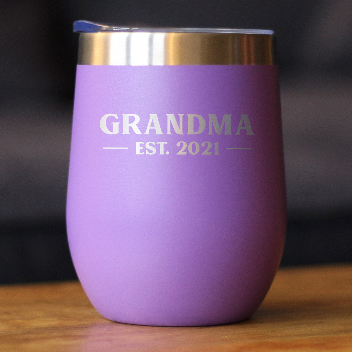 Grandma Est 2021 - Wine Tumbler with Sliding Lid - Stemless Stainless Steel Insulated Mug - Bold Outdoor Camping Gift