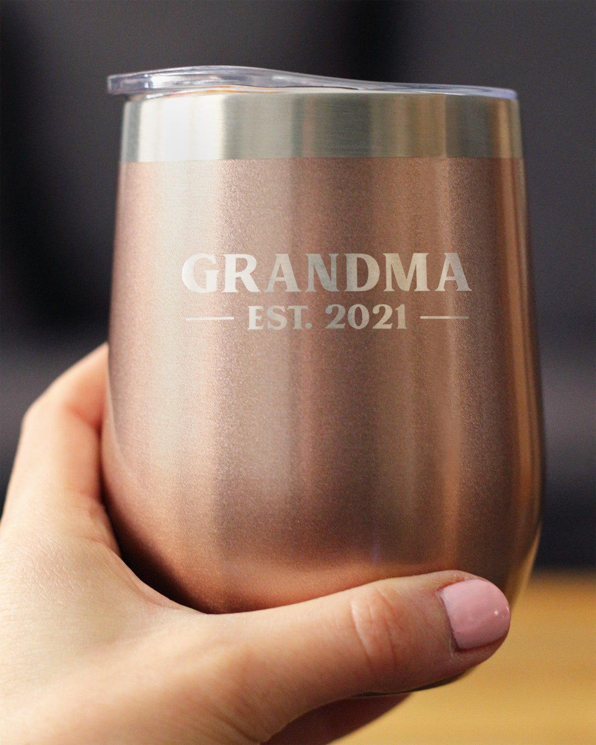 Grandma Est 2021 - Wine Tumbler with Sliding Lid - Stemless Stainless Steel Insulated Mug - Bold Outdoor Camping Gift