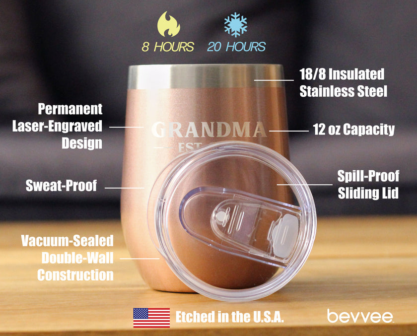Grandma Est 2021 - Wine Tumbler with Sliding Lid - Stemless Stainless Steel Insulated Mug - Bold Outdoor Camping Gift
