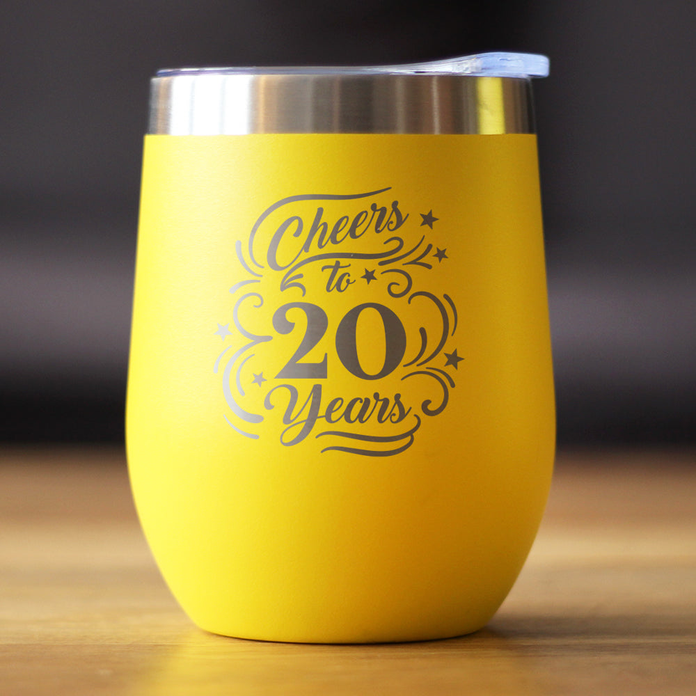 Cheers to 20 Years - Wine Tumbler Glass with Sliding Lid - Stainless Steel Insulated Mug - 20th Anniversary Gifts and Party Decor