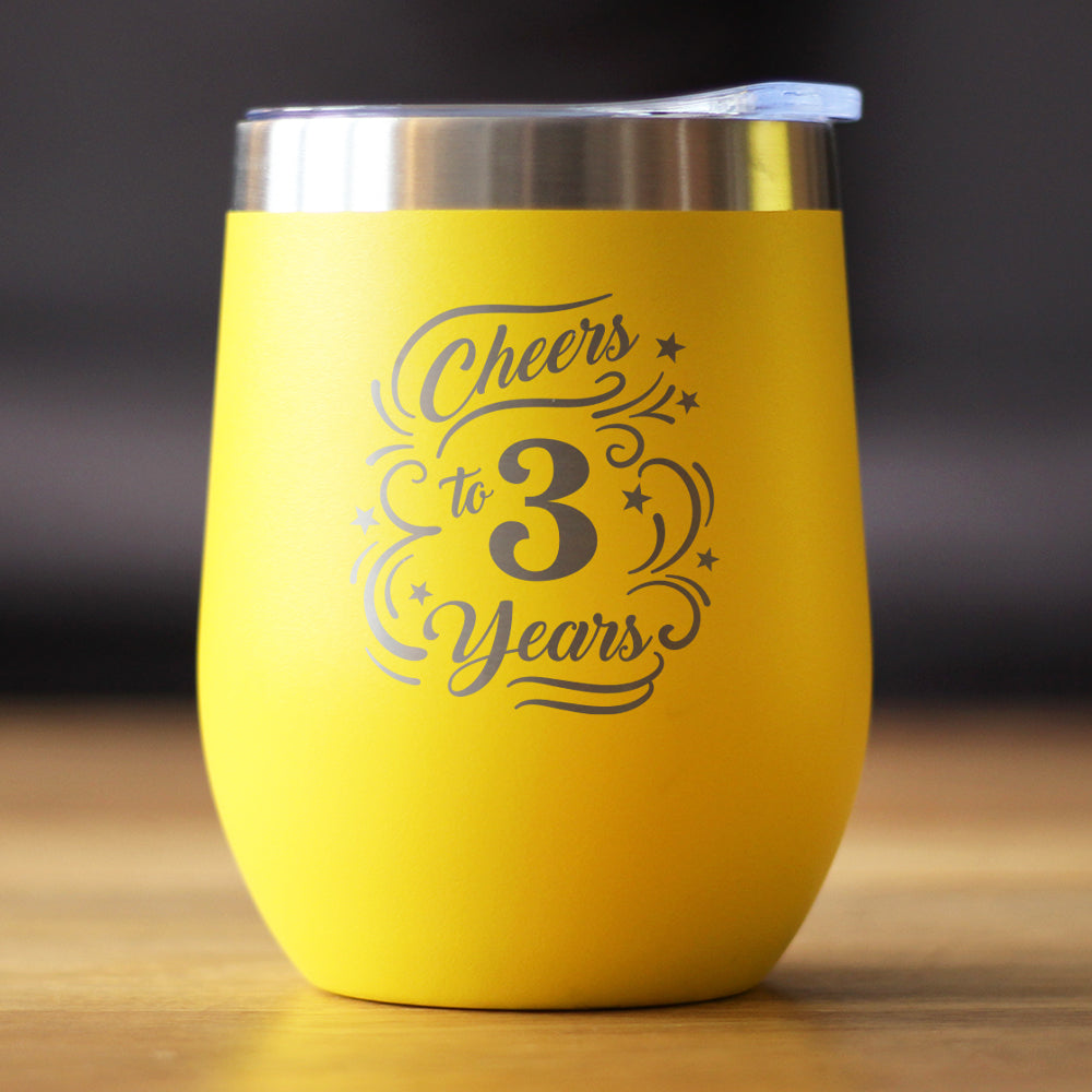 Cheers to 3 Years - Wine Tumbler Glass with Sliding Lid - Stainless Steel Insulated Mug - 3rd Anniversary Gifts and Party Decor