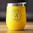 Cheers to 3 Years - Wine Tumbler Glass with Sliding Lid - Stainless Steel Insulated Mug - 3rd Anniversary Gifts and Party Decor