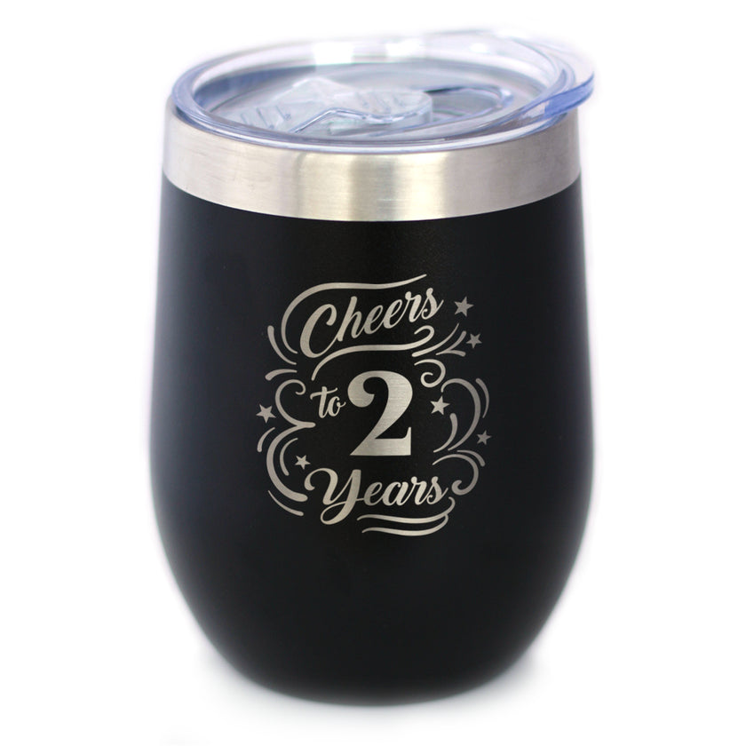 Cheers to 2 Years - Wine Tumbler Glass with Sliding Lid - Stainless Steel Insulated Mug - 2nd Anniversary Gifts and Party Decor