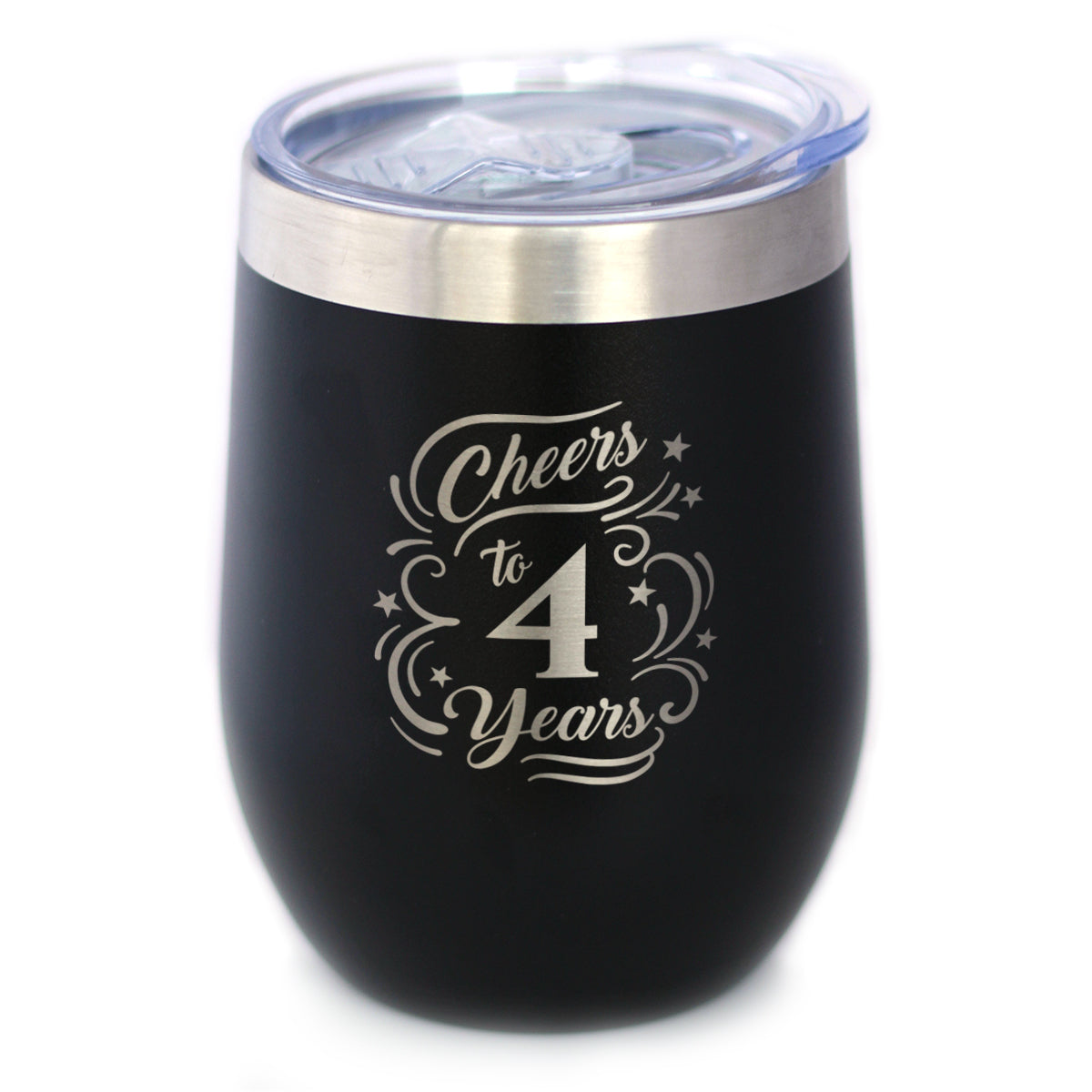 Cheers to 4 Years - Wine Tumbler Glass with Sliding Lid - Stainless Steel Insulated Mug - 4th Anniversary Gifts and Party Decor