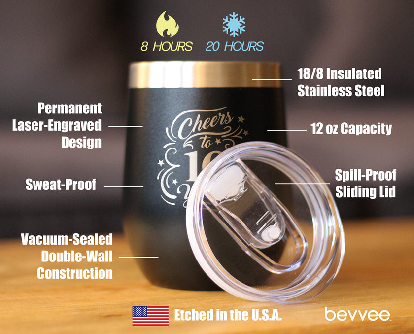 Cheers to 10 Years - Wine Tumbler Glass with Sliding Lid - Stainless Steel Insulated Mug - 10th Anniversary Gifts and Party Decor