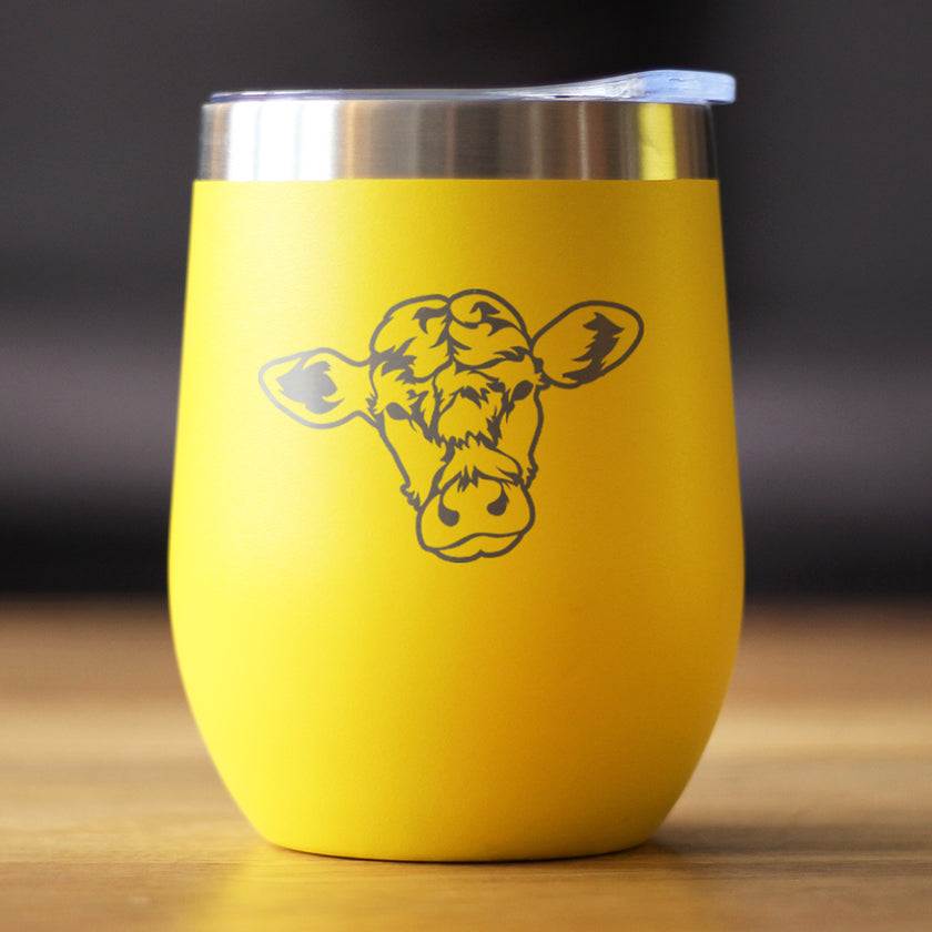 Cow Face - Wine Tumbler Glass with Sliding Lid - Stainless Steel Insulated Mug - Cow Gift for Women and Men