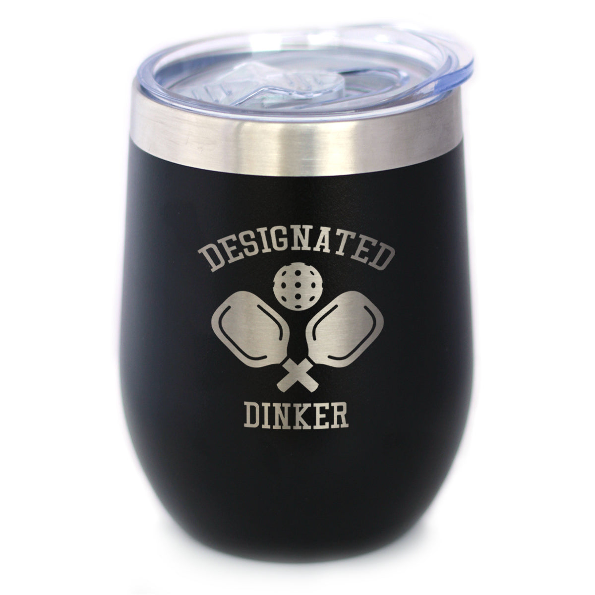 Designated Dinker - Wine Tumbler Glass with Sliding Lid - Stainless Steel Insulated Mug - Funny Pickleball Themed Gifts and Decor