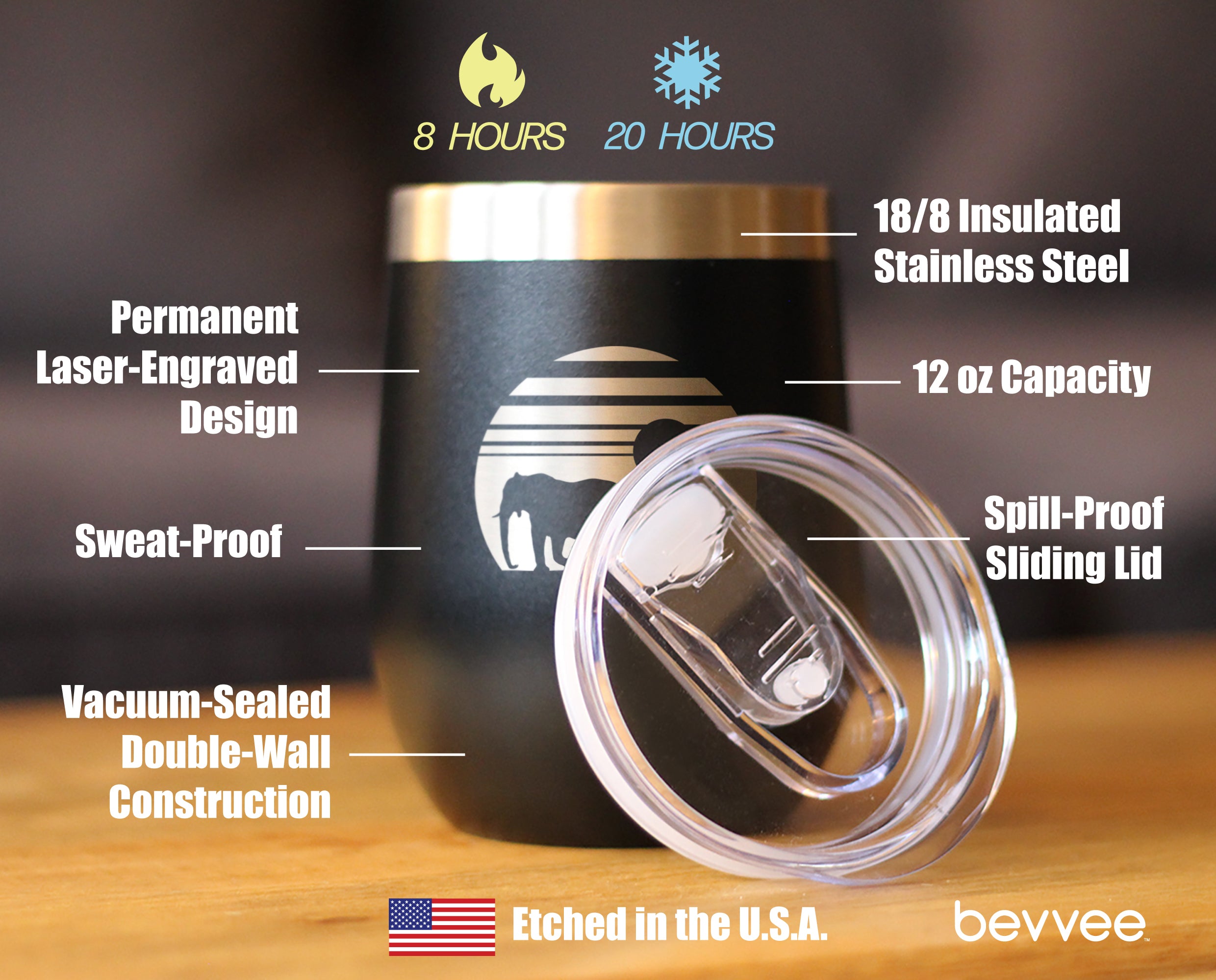 Elephant Sunset - Wine Tumbler Glass with Sliding Lid - Stainless Steel Insulated Mug - Unique Safari Gift for Women and Men