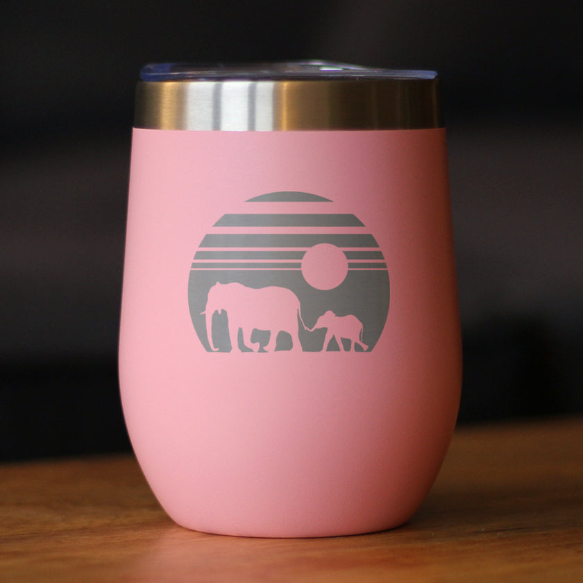Elephant Sunset - Wine Tumbler Glass with Sliding Lid - Stainless Steel Insulated Mug - Unique Safari Gift for Women and Men
