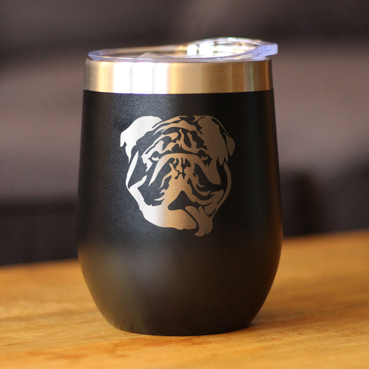 Bulldog Wine Tumbler with Sliding Lid - Stemless Stainless Steel Insulated Cup - English Bulldogs Outdoor Camping Mug