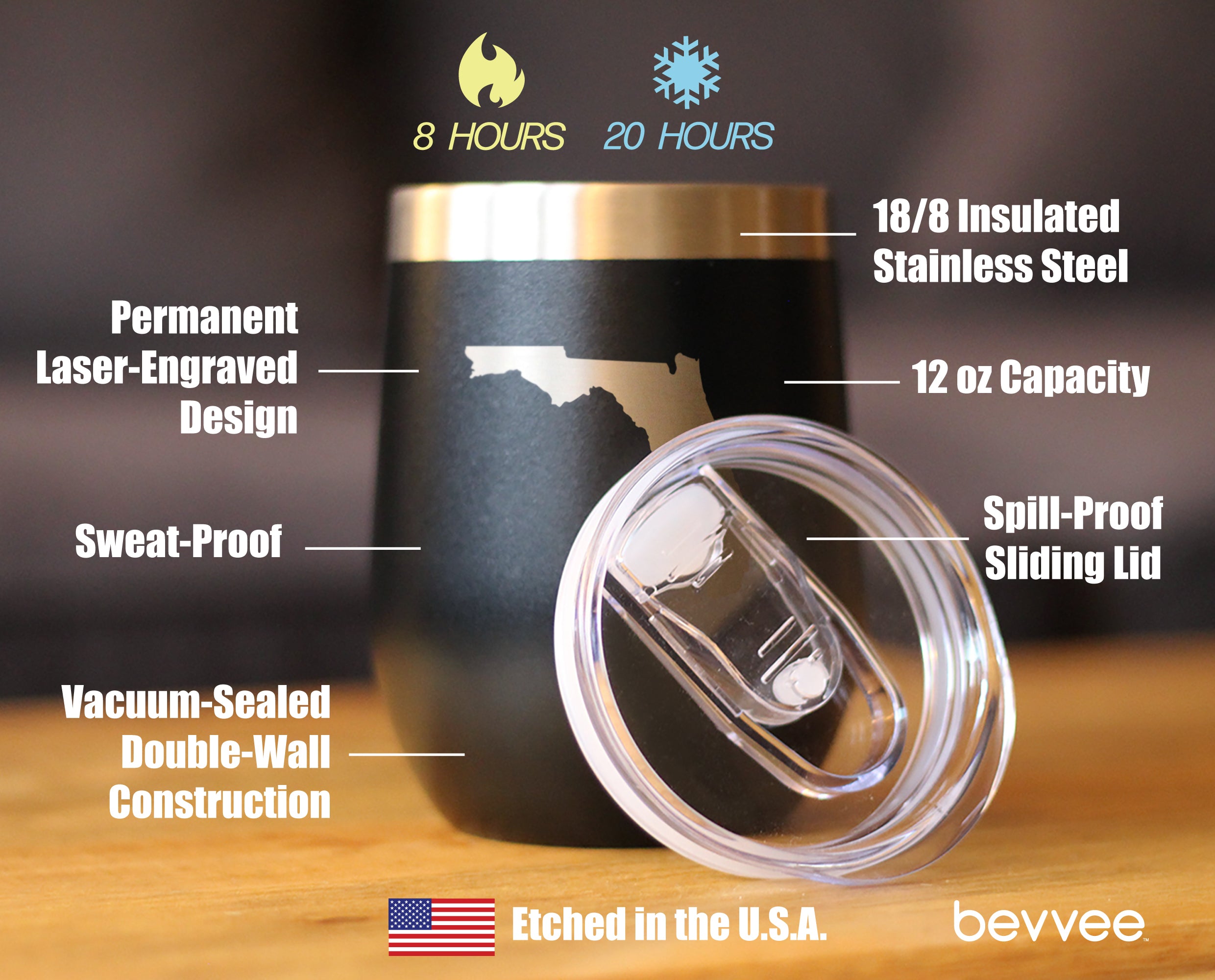 Florida State Outline - Wine Tumbler Glass with Sliding Lid - Stainless Steel Insulated Mug - State Themed Outdoor Camping Gifts For Floridians