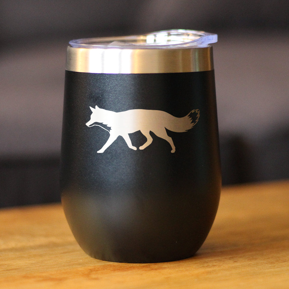 Fox Silhouette - Wine Tumbler with Sliding Lid - Stemless Stainless Steel Insulated Cup - Cute Cabin Themed Gifts or Rustic Decor
