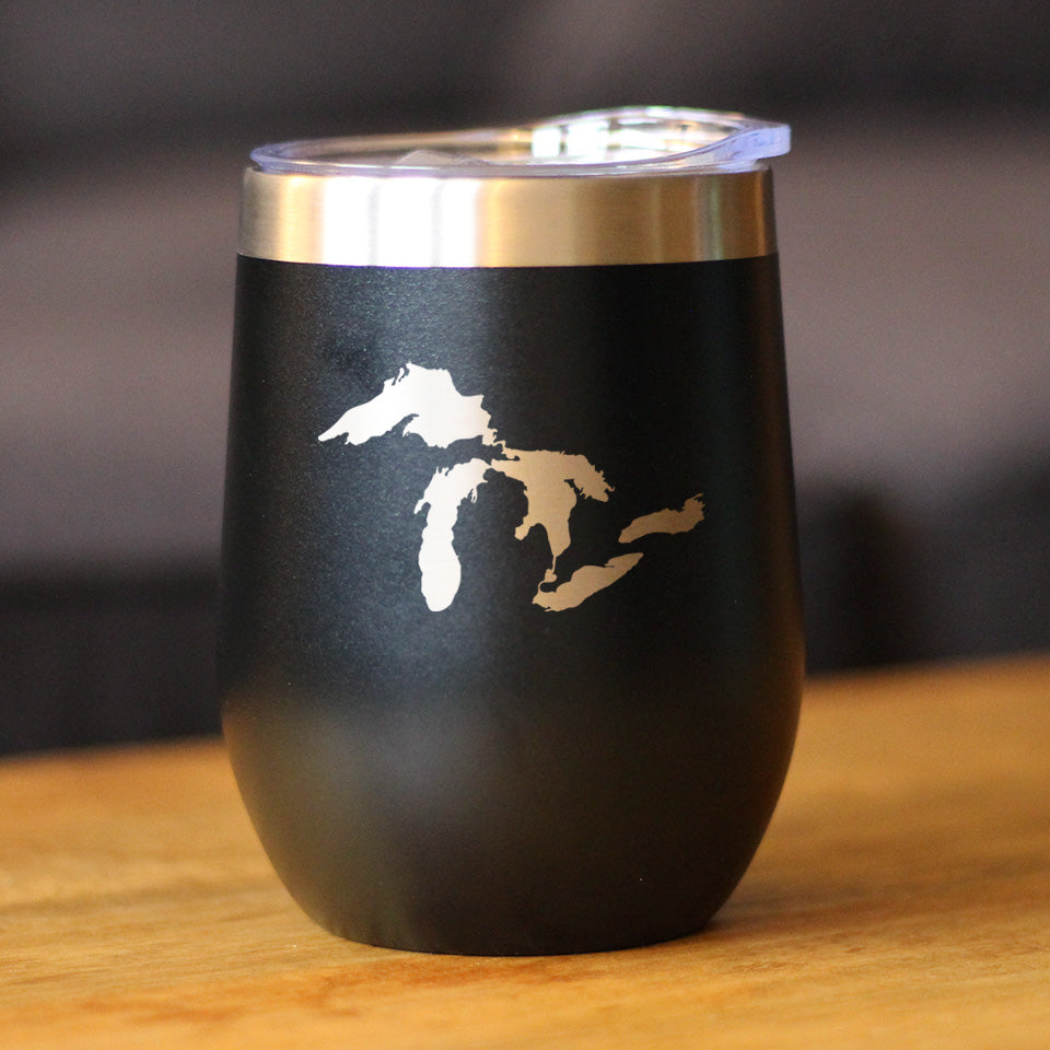 Great Lakes Map Wine Tumbler with Sliding Lid - Stemless Stainless Steel Insulated Cup - Cute Outdoor Camping Mug