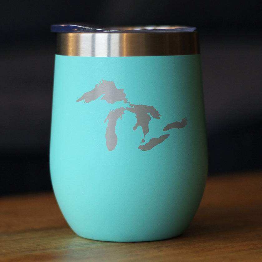 Great Lakes Map Wine Tumbler with Sliding Lid - Stemless Stainless Steel Insulated Cup - Cute Outdoor Camping Mug