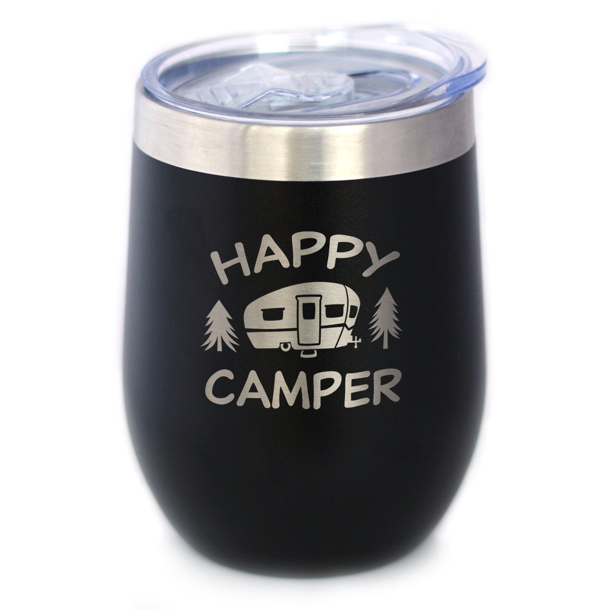 Happy Camper Wine Tumbler with Sliding Lid - Stemless Stainless Steel Insulated Cup - Cute Outdoor Camping Mug - Pink