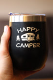 Happy Camper Wine Tumbler with Sliding Lid - Stemless Stainless Steel Insulated Cup - Cute Outdoor Camping Mug