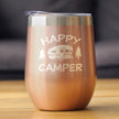 Happy Camper Wine Tumbler with Sliding Lid - Stemless Stainless Steel Insulated Cup - Cute Outdoor Camping Mug