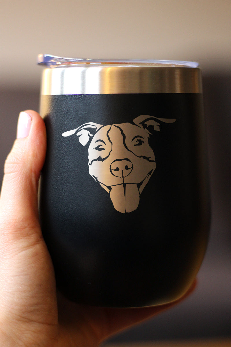 Happy Pitbull - Wine Tumbler Glass with Sliding Lid - Stainless Steel Insulated Mug - Cute Pitbull Themed Dog Gifts and Party Decor for Women and Men