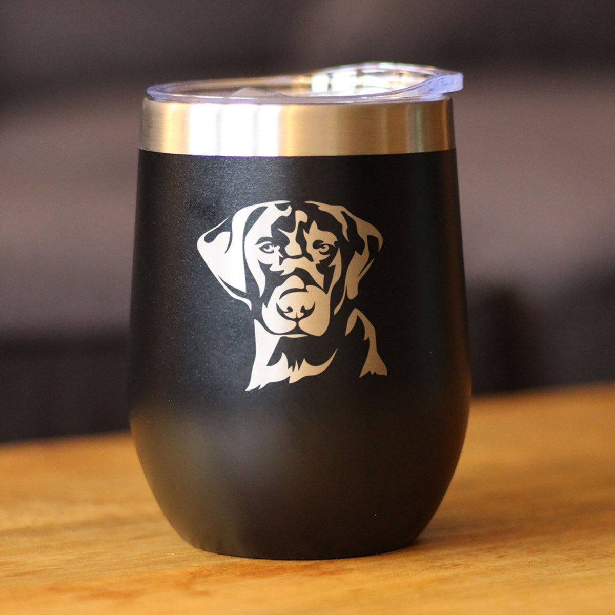 Black Lab Face Wine Tumbler with Sliding Lid - Stemless Stainless Steel Insulated Cup - Labrador Retriever Outdoor Camping Mug