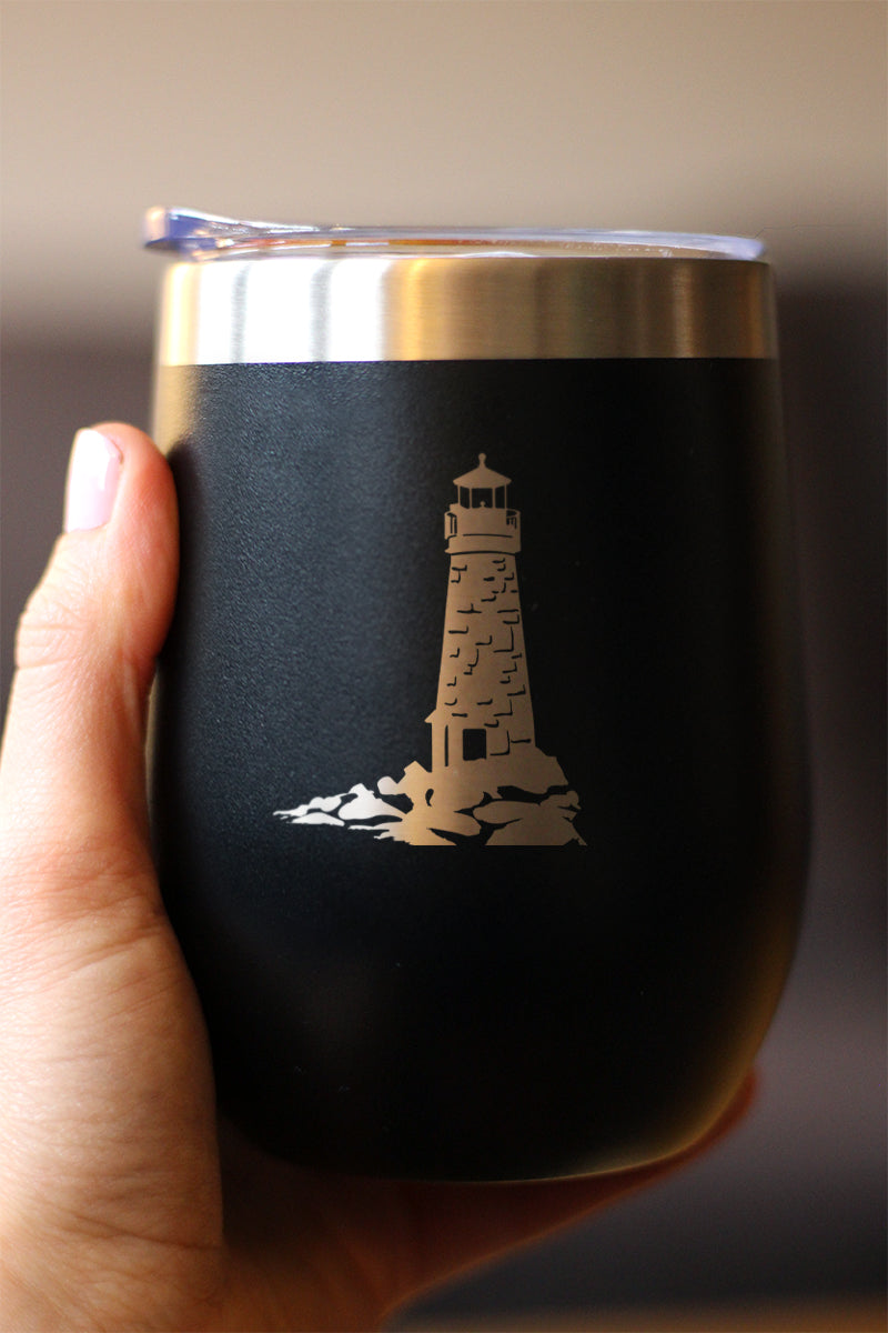 Lighthouse - Wine Tumbler Glass with Sliding Lid - Stainless Steel Travel Mug - Beach Gifts and Decor for Women and Men