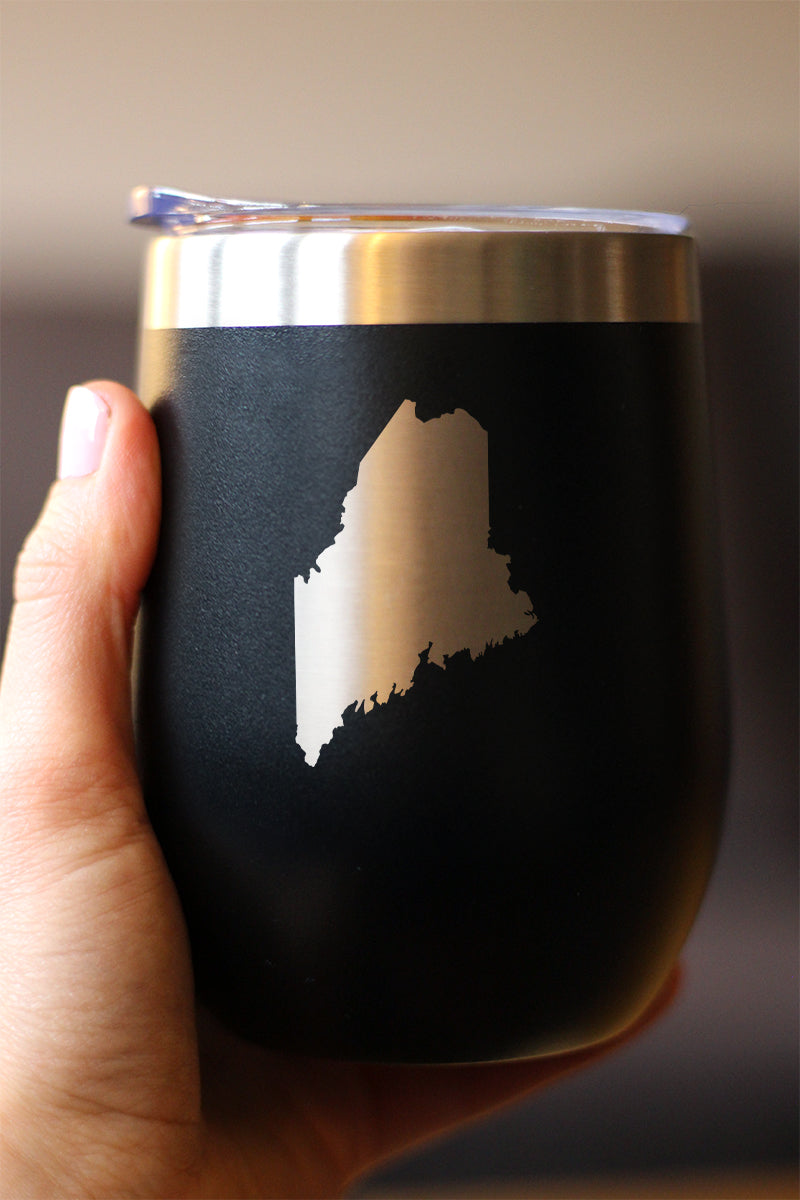 Maine State Outline - Wine Tumbler Glass with Sliding Lid - Stainless Steel Travel Mug - Maine Gifts for Women and Men Mainers