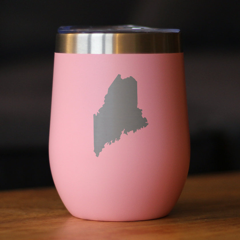 Maine State Outline - Wine Tumbler Glass with Sliding Lid - Stainless Steel Travel Mug - Maine Gifts for Women and Men Mainers
