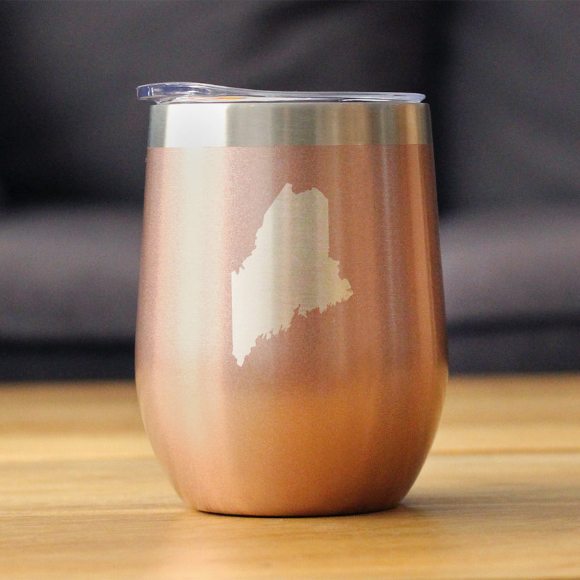Maine State Outline - Wine Tumbler Glass with Sliding Lid - Stainless Steel Travel Mug - Maine Gifts for Women and Men Mainers