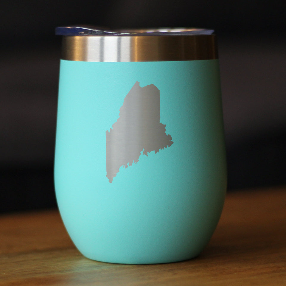 Maine State Outline - Wine Tumbler Glass with Sliding Lid - Stainless Steel Travel Mug - Maine Gifts for Women and Men Mainers