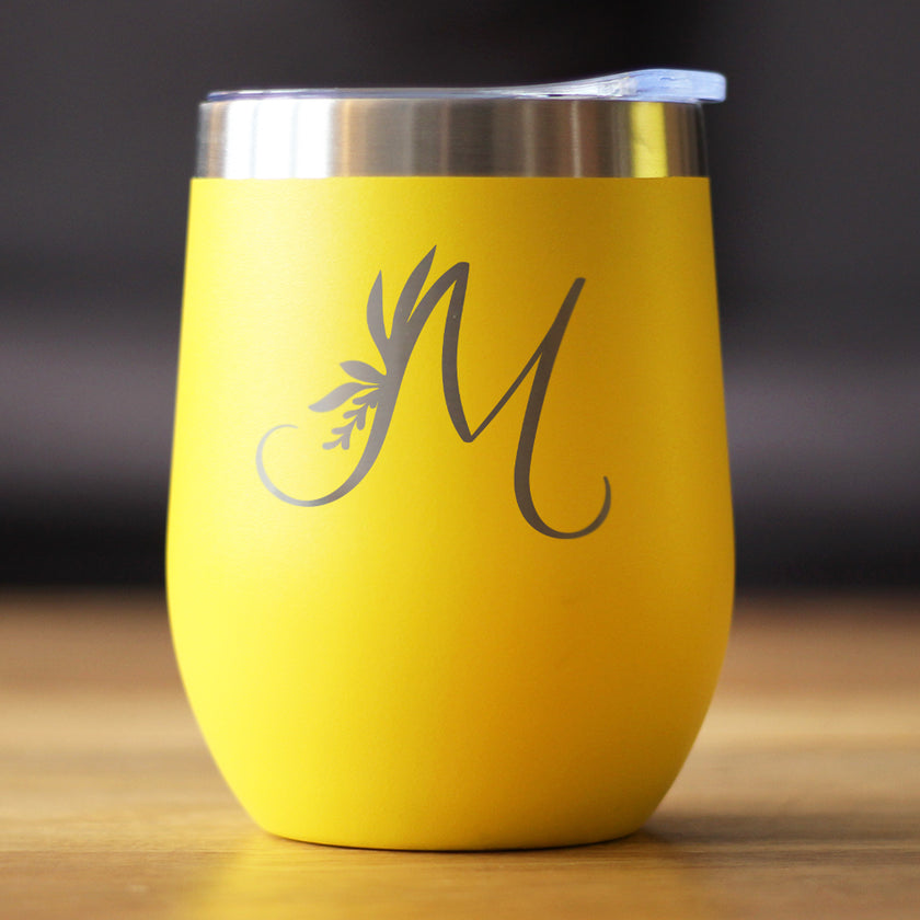 Monogram Floral Initial Letter M - Wine Tumbler