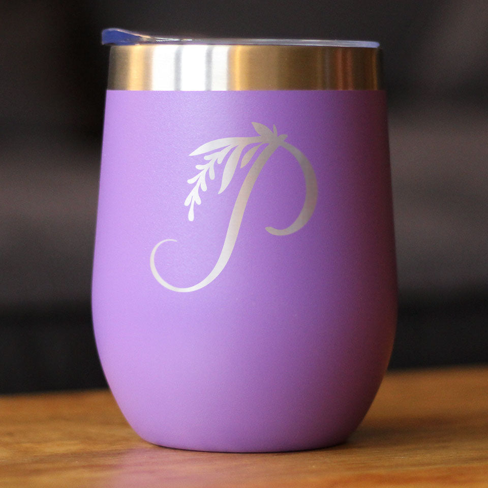 Monogram Floral Initial Letter P - Wine Tumbler