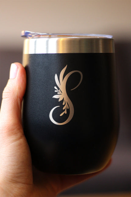 Monogram Floral Initial Letter S - Wine Tumbler