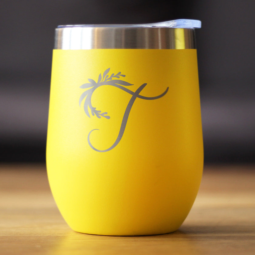 Monogram Floral Initial Letter T - Wine Tumbler