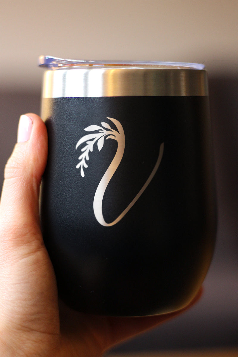 Monogram Floral Initial Letter V - Wine Tumbler