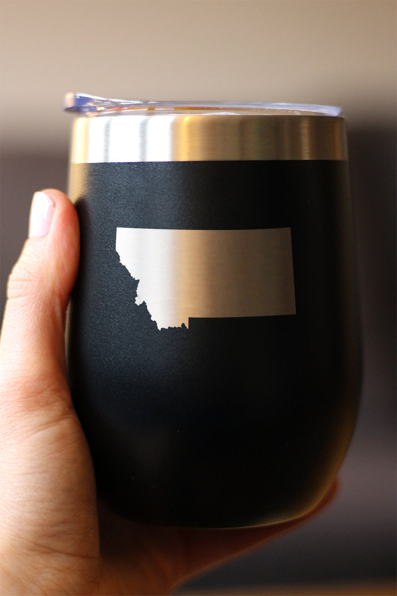 Montana State Outline - Wine Tumbler Glass with Sliding Lid - Stainless Steel Insulated Mug - Montana Gifts for Women and Men Montanans