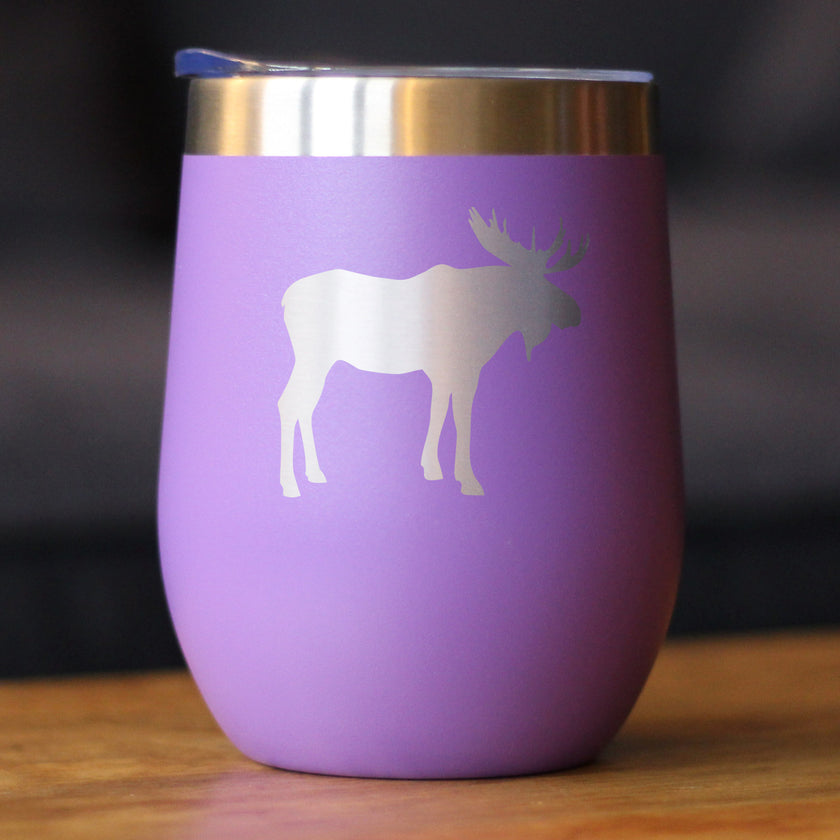 Moose Silhouette - Wine Tumbler with Sliding Lid - Stemless Stainless Steel Insulated Cup - Cute Outdoor Camping Mug