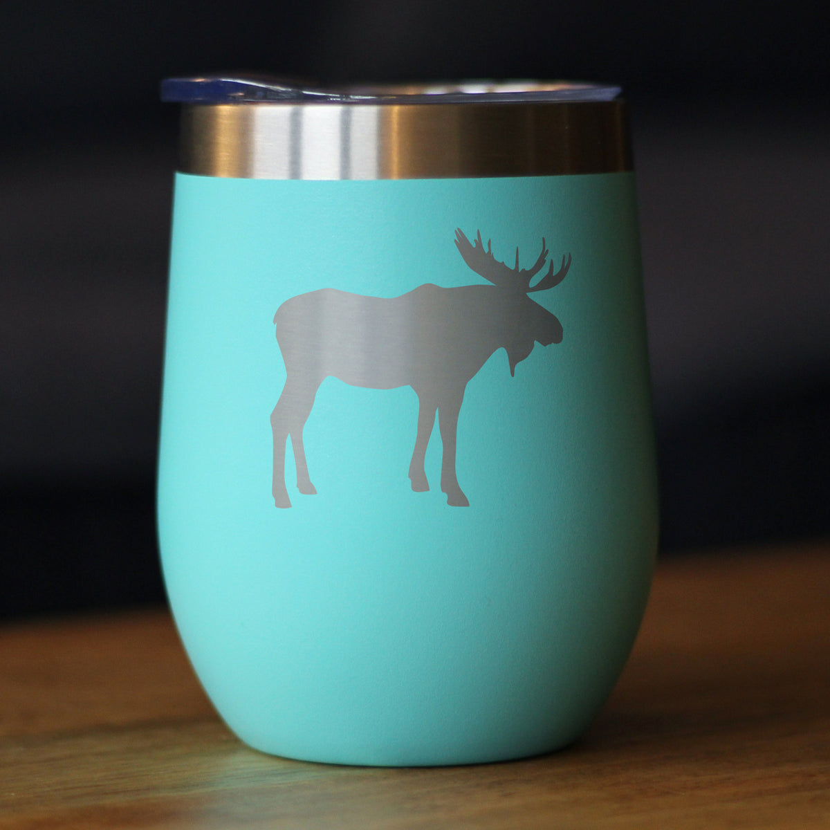 Moose Silhouette - Wine Tumbler with Sliding Lid - Stemless Stainless Steel Insulated Cup - Cute Outdoor Camping Mug