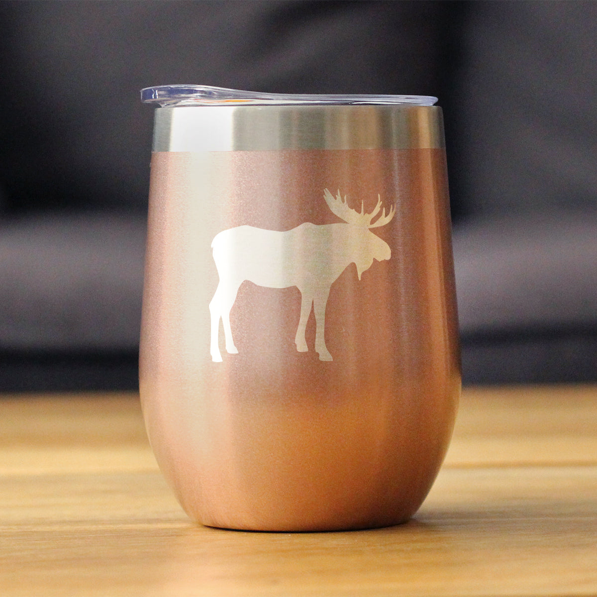 Moose Wine Tumbler with Sliding Lid - Stemless Stainless Steel Insulated Cup - Cute Outdoor Camping Mug