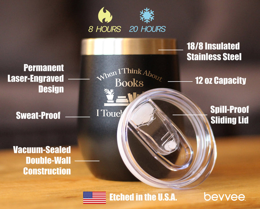 Touch My Shelf - Wine Tumbler with Sliding Lid - Stemless Stainless Steel Insulated Cup - Lovers of Reading & Books Outdoor Mug