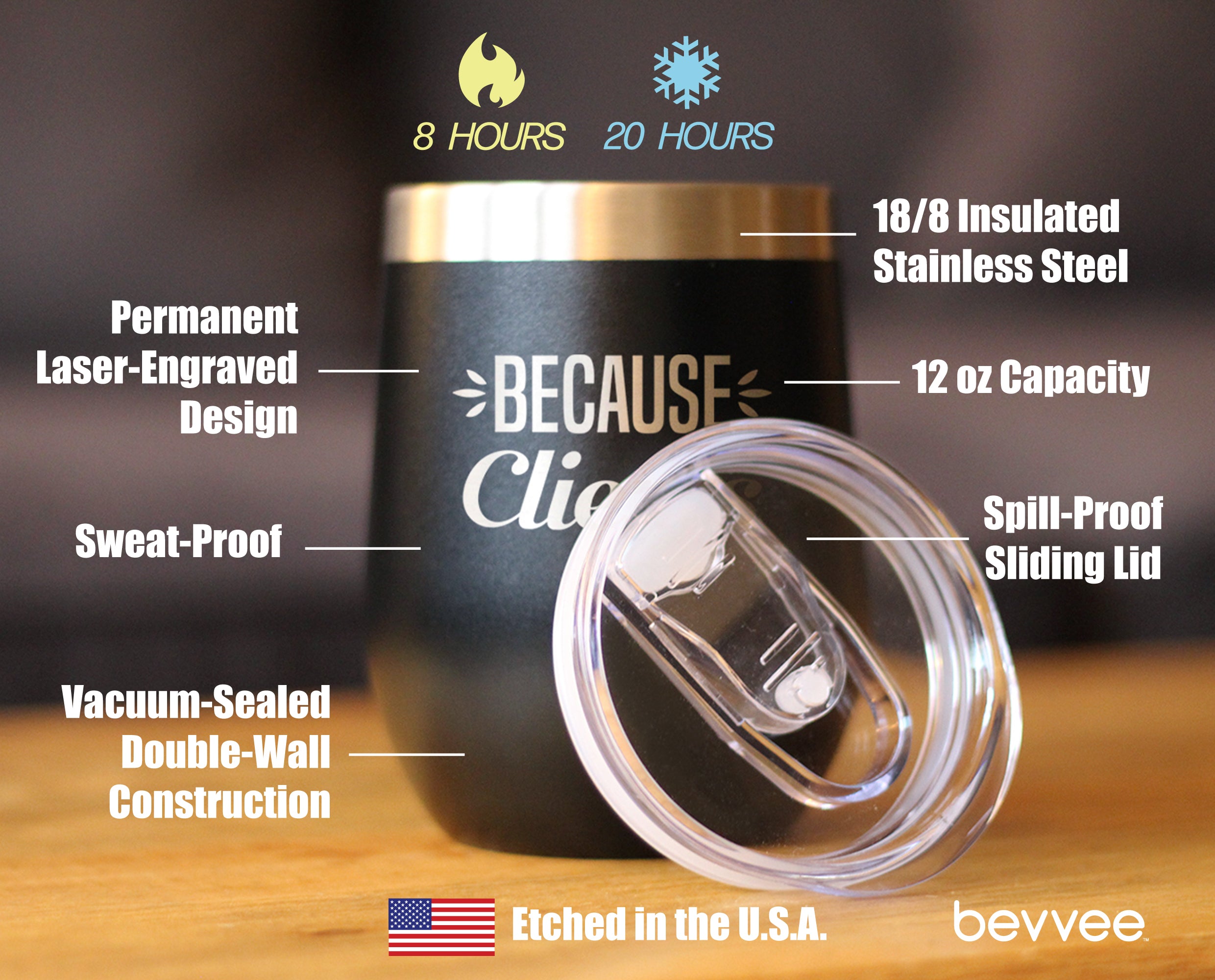 Because Clients - Wine Tumbler Glass with Sliding Lid - Stainless Steel Insulated Mug - Unique Professional Gifts for Coworkers