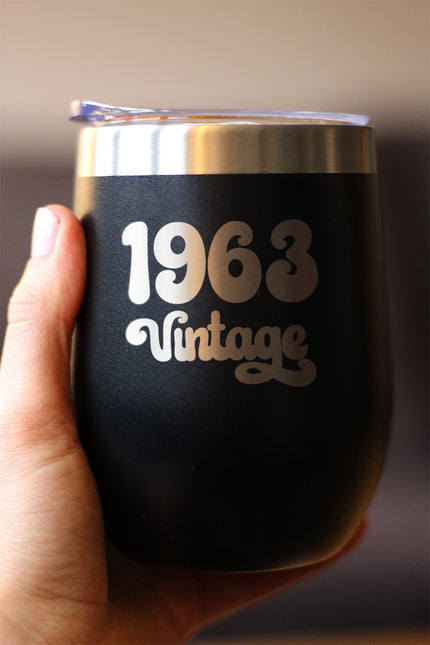 Vintage 1963 - Insulated Wine Tumbler Glass with Sliding Lid - Cute Funny 63rd Birthday Gift for Women or Men Turning 63