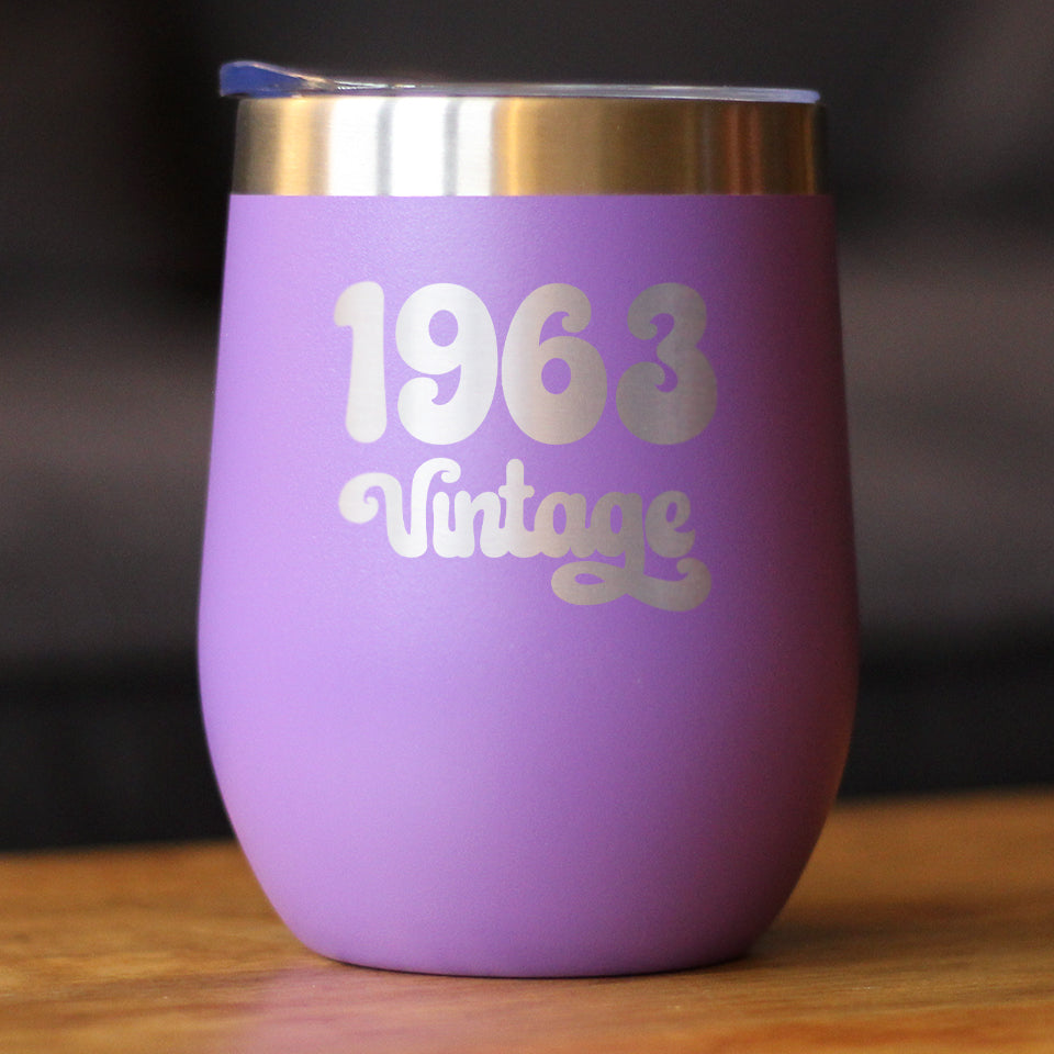 Vintage 1963 - Insulated Wine Tumbler Glass with Sliding Lid - Cute Funny 61st Birthday Gift for Women or Men Turning 61