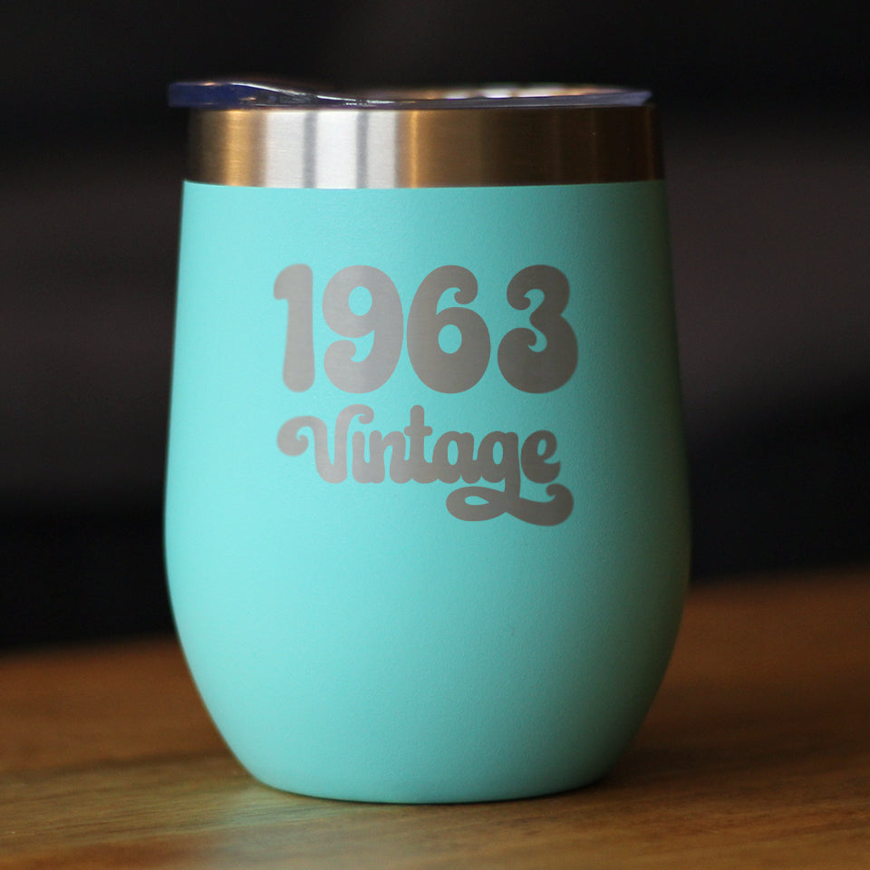 Vintage 1963 - Insulated Wine Tumbler Glass with Sliding Lid - Cute Funny 61st Birthday Gift for Women or Men Turning 61