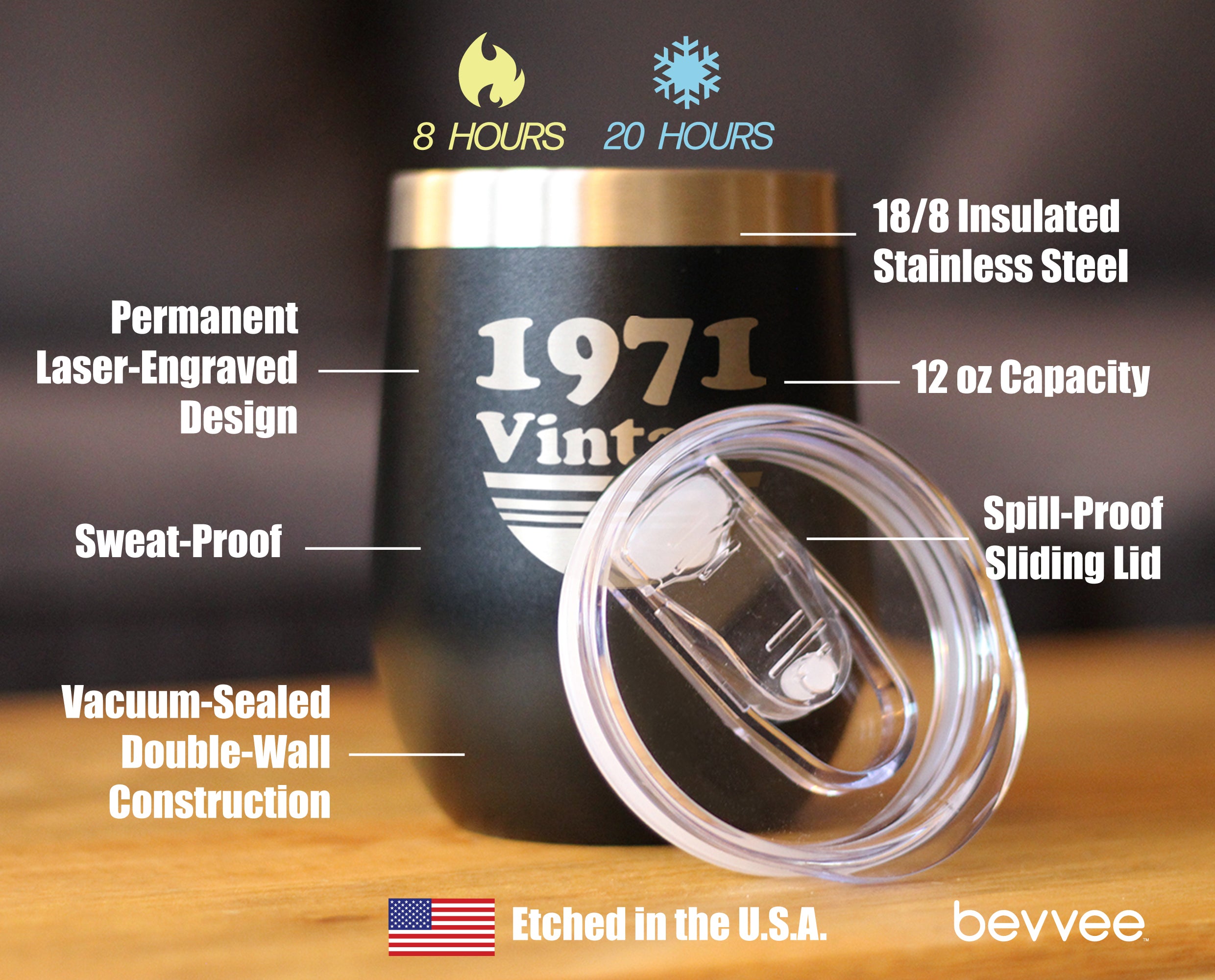 Vintage 1971 - Insulated Wine Tumbler Glass with Sliding Lid - Cute Funny 55th Birthday Gift for Women or Men Turning 55